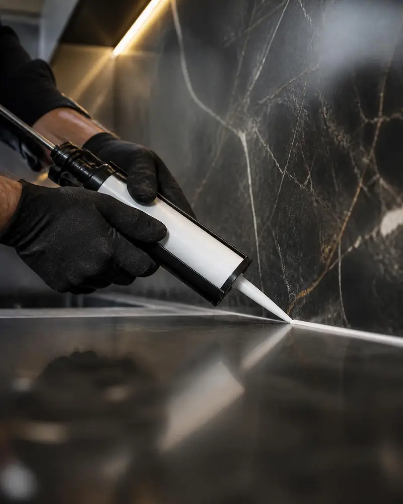 Caulker applying a straight bead of silicone along a marble splashback and stone benchtop junction