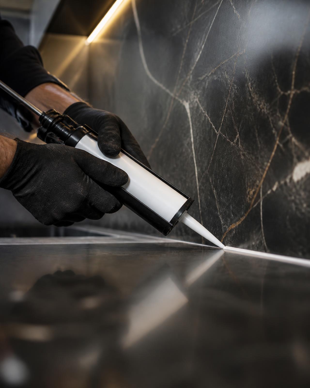 Caulker applying a straight bead of silicone along a marble splashback and stone benchtop junction